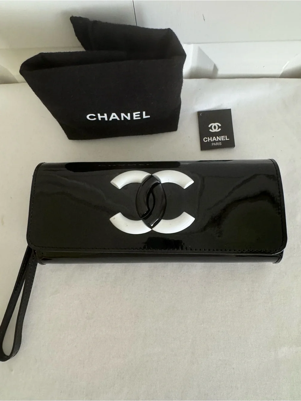 Black Patent Leather Wristlet Clutch with White CC Emblem